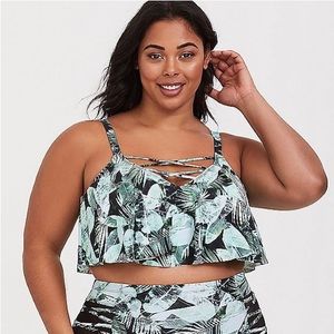 4X Torrid Wireless Straight Flounce Bikini Top Green Palm